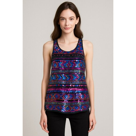 AMANDA UPRICHARD Multicolor Geometric Striped Sequin Satin Tank Top Women's sz S - Picture 1 of 9